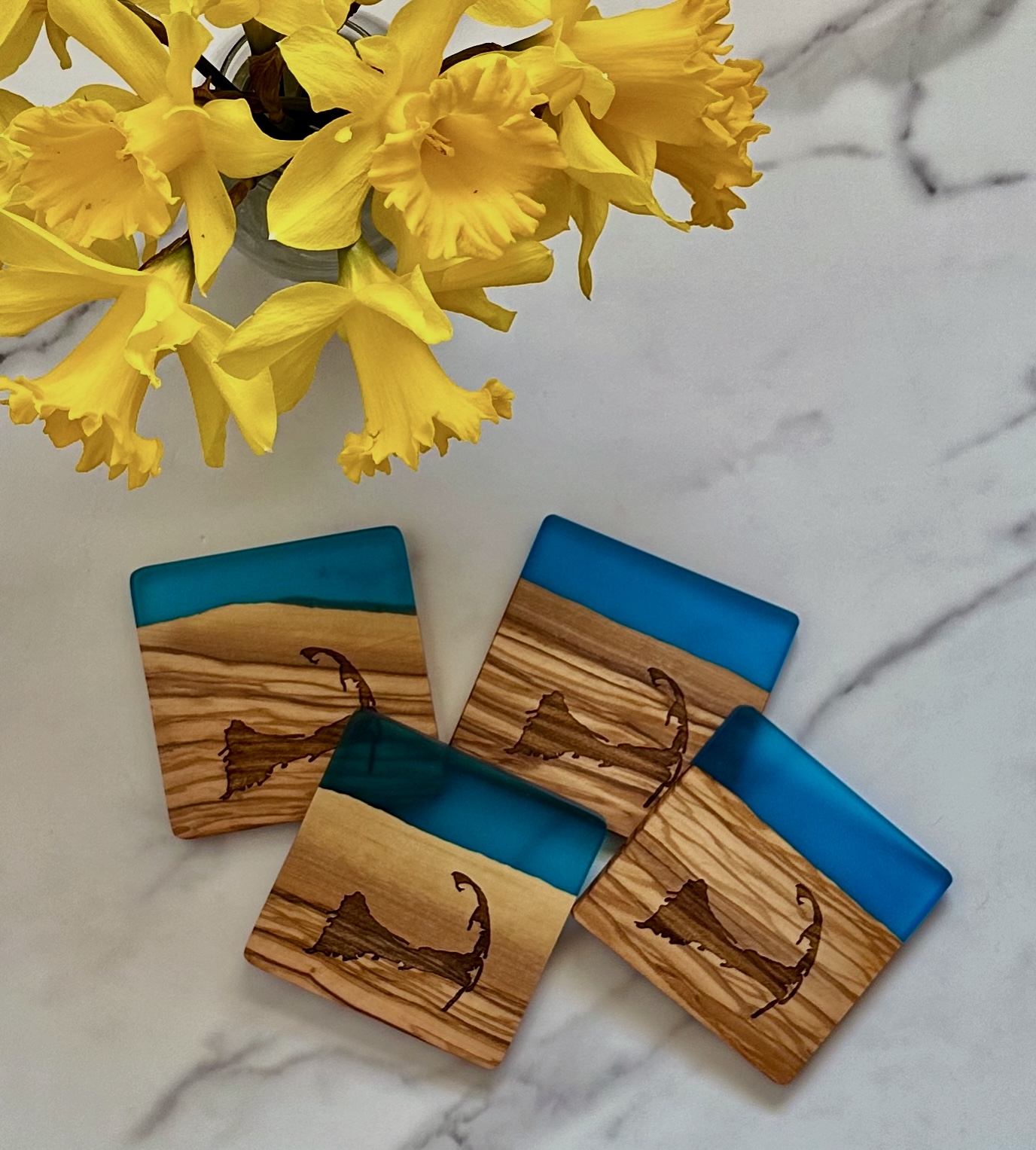Cape Cod wood and blue resin coasters