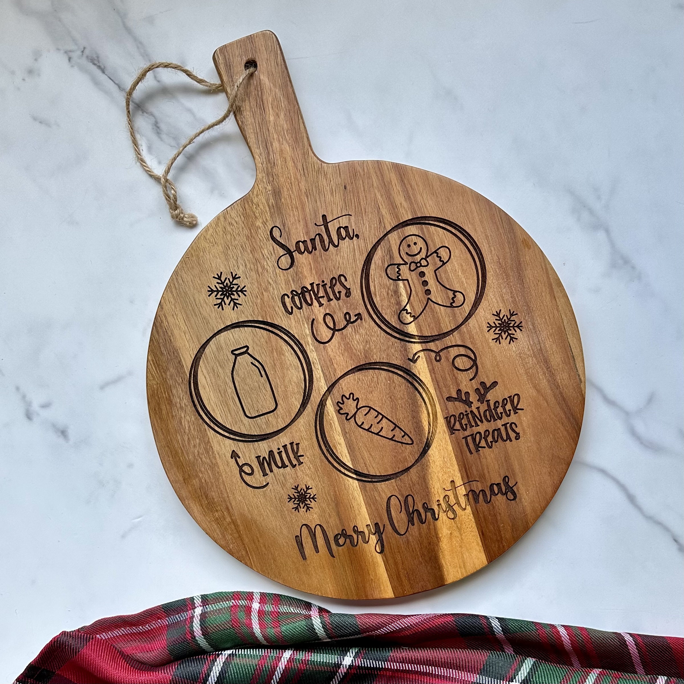 Round wooden Santa cookie tray with engraved sections